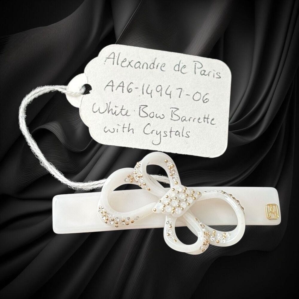 Alexandre de Paris Crystal Bow Barrette 3” White Made in France Luxury Hair Clip
